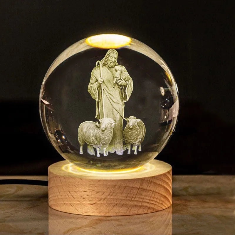 6cm white crystal religious ornament on wooden base with warm lighting
