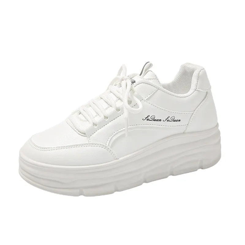 Thick bottom height increasing casual shoes in white or khaki with 3-5cm mid heel, synthetic leather upper, and rubber sole.