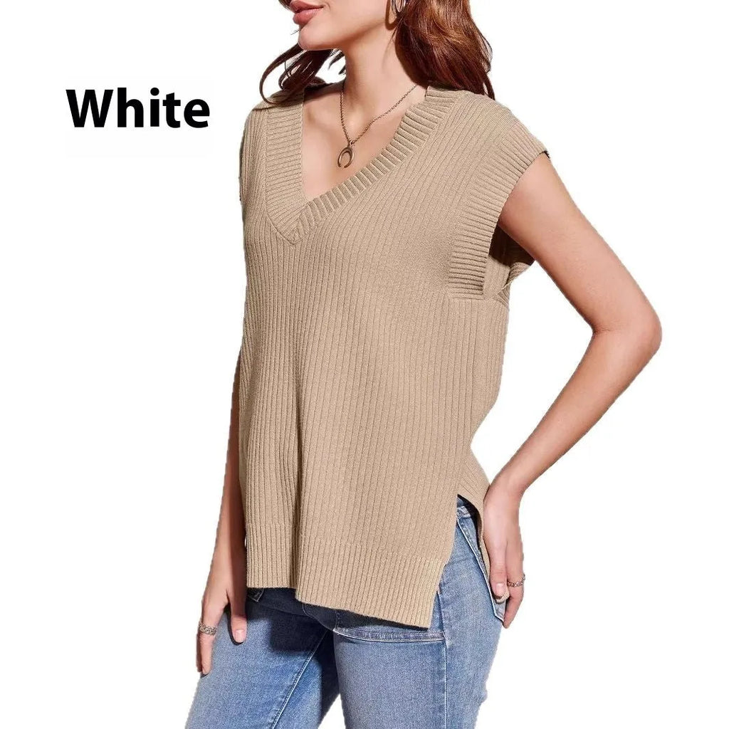 Camel coloured V-neck sleeveless loose pullover vest with folding elements
