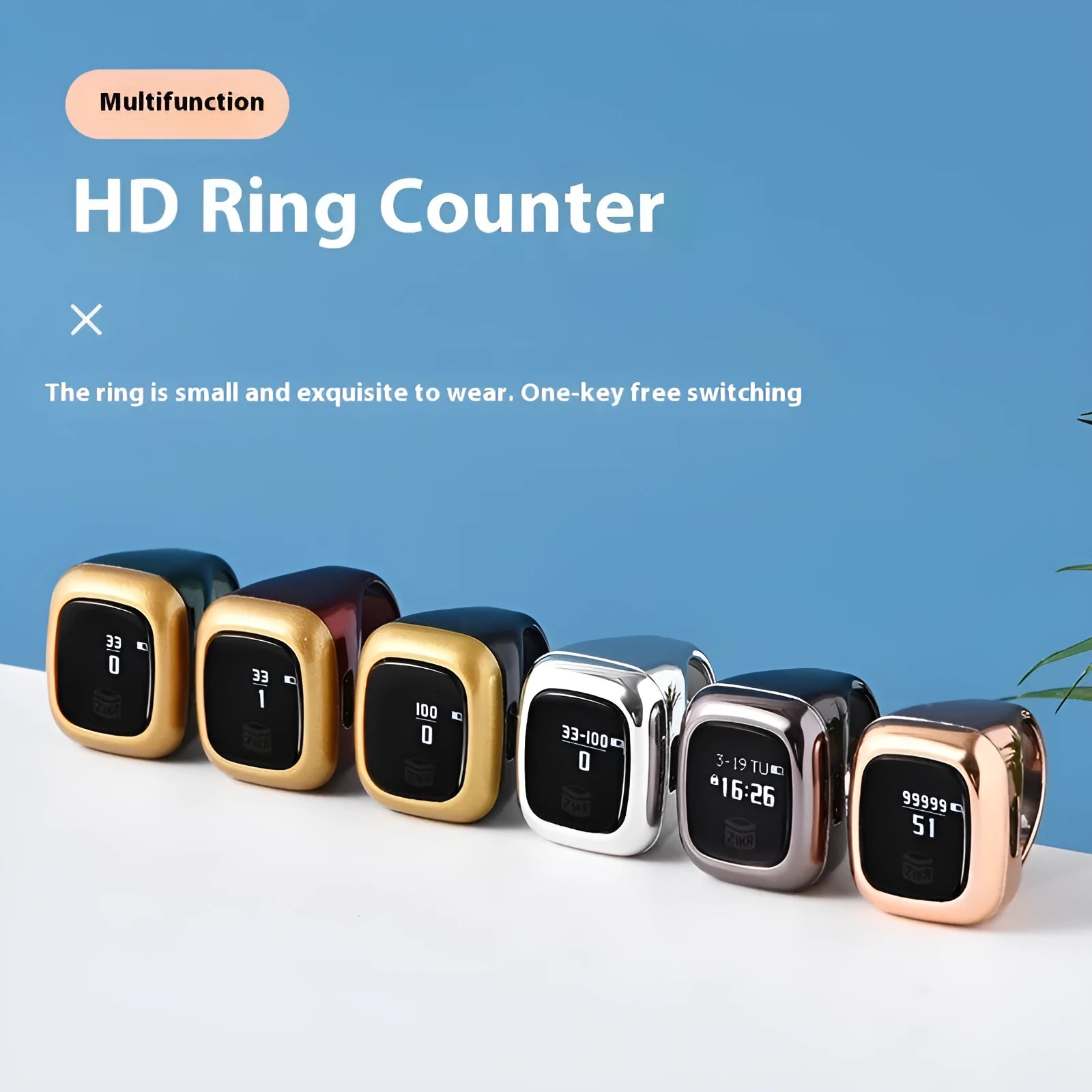 Al-fatiha Zikr electronic prayer counter with LCD display in various colours and sizes.