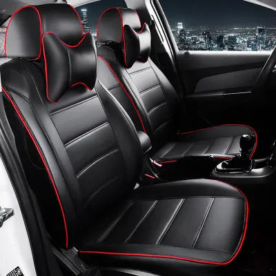 Cow leather car seat cover in a binding style, shown in beige and black with red colour variants.