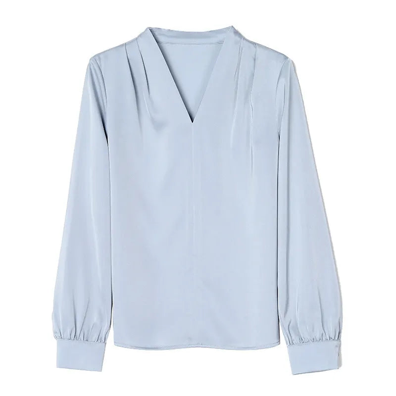 Women's blue satin long sleeve shirt with slim fit and 3D stitching detail on front