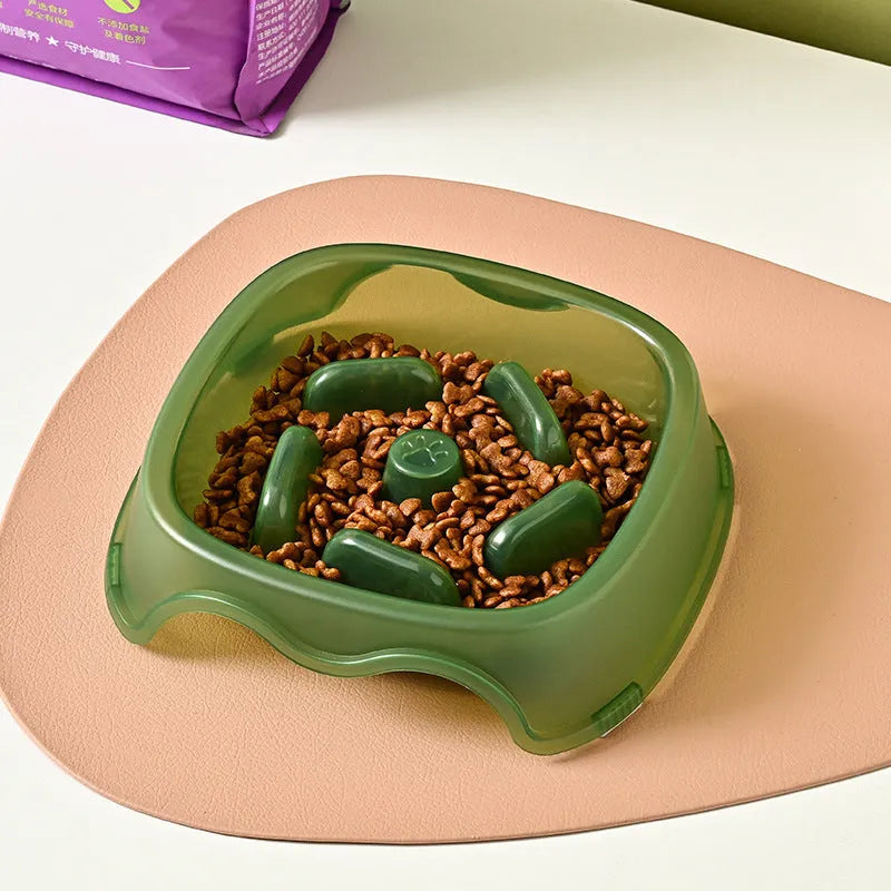 Plastic dog slow feeding bowl with anti-choking design in blue, grey, green, and orange colour options