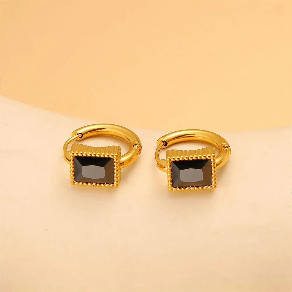 Square geometric stainless steel earrings with a round zircon stone, available in white, black, or green.