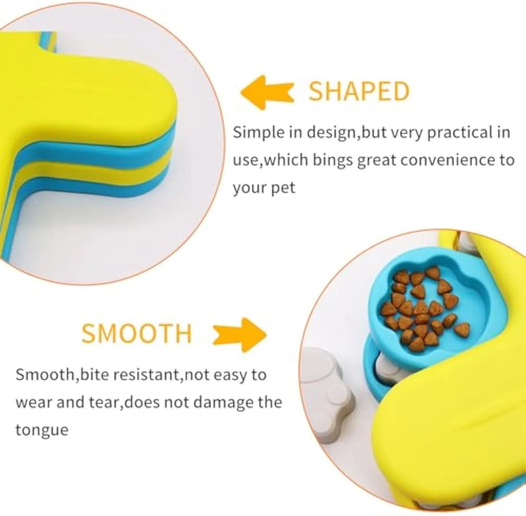 Yellow dog puzzle feeder toy with three-layer rotating lid and anti-slip rubber pads on base.