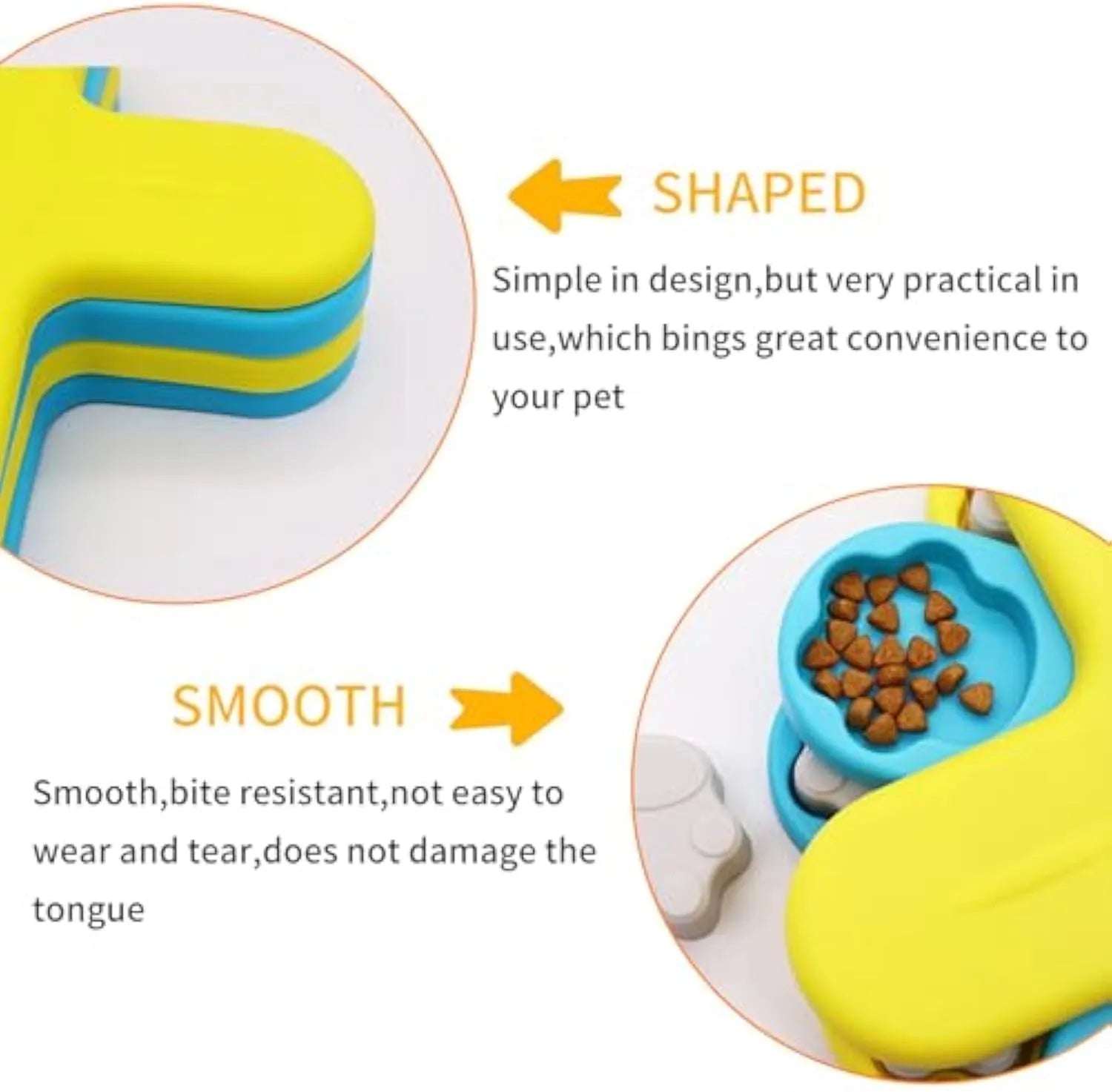 Yellow dog puzzle feeder toy with three-layer rotating lid and anti-slip rubber pads on base.