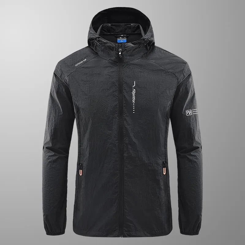 Men's light gray summer hooded jacket with thin nylon fabric and loose fit design