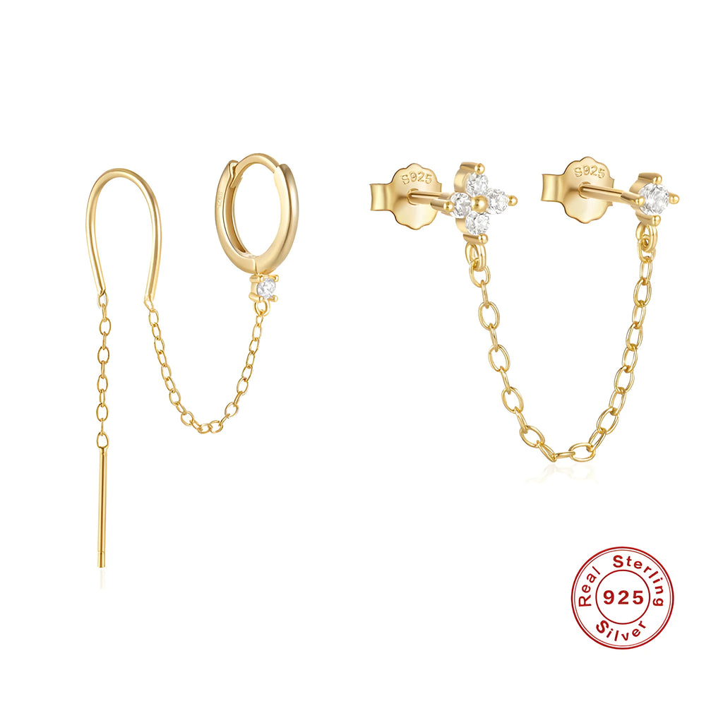 S925 sterling silver geometric drop earring with flower and tassel chain detail in a golden colour.
