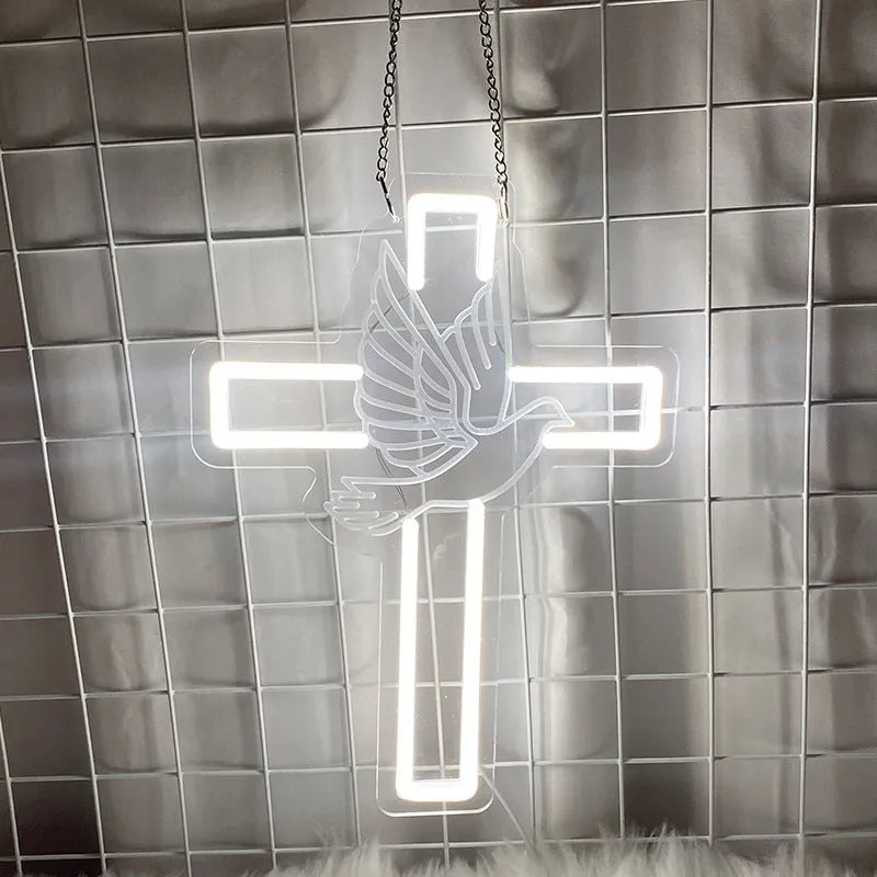 LED neon light peace dove cross acrylic plate white illumination hanging on wall