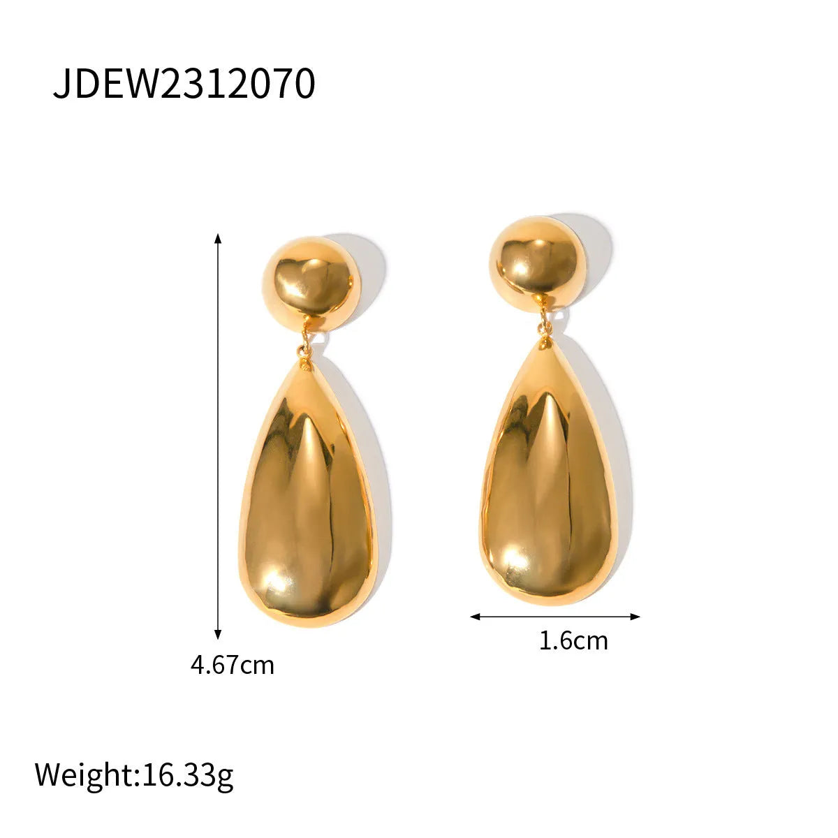 A pair of gold-coloured geometric earrings with a hemisphere base and dangling water drop pendant.