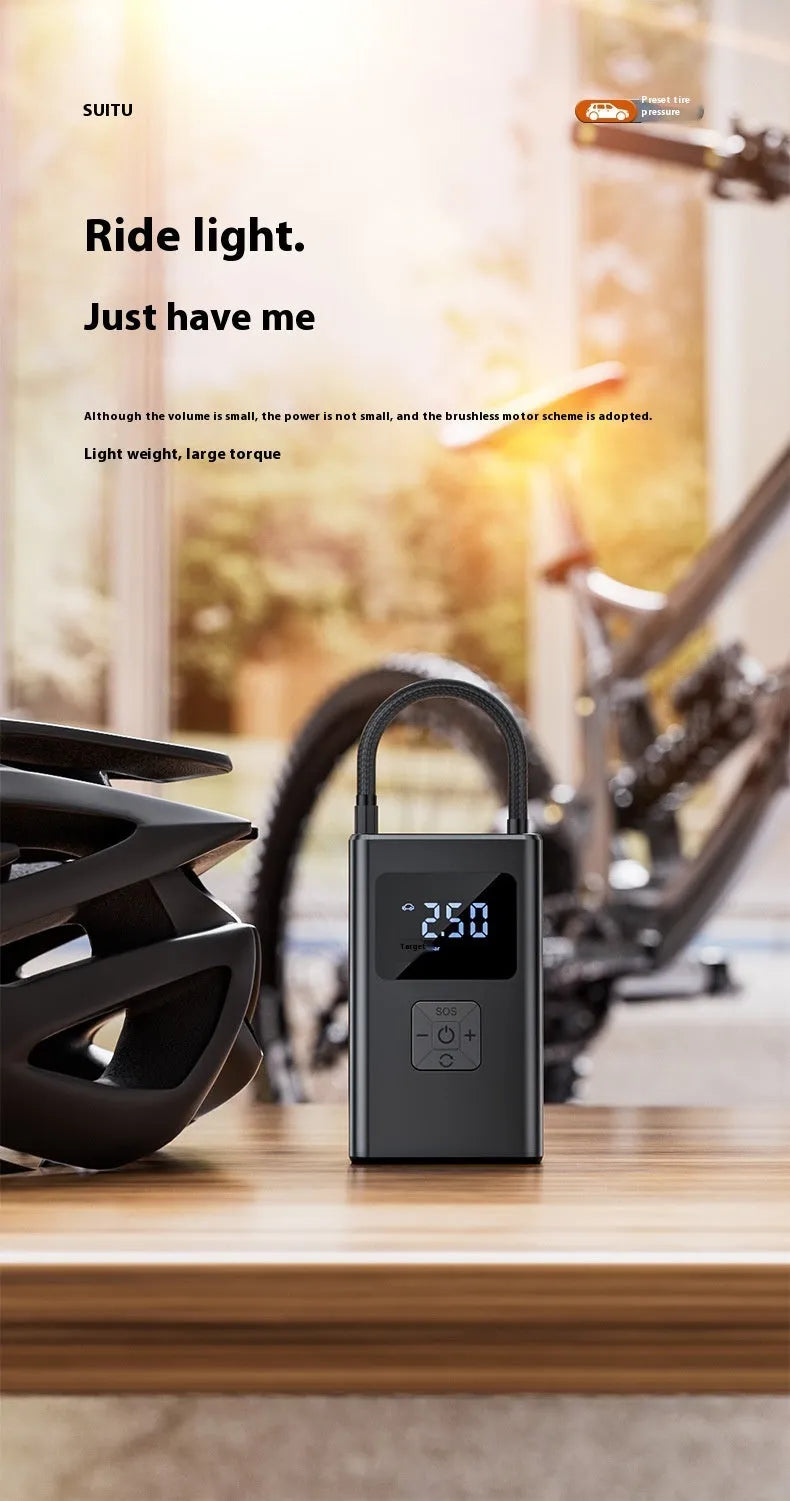 Portable small wireless digital display car inflatable air pump with LED light and pressure gauge, ABS construction