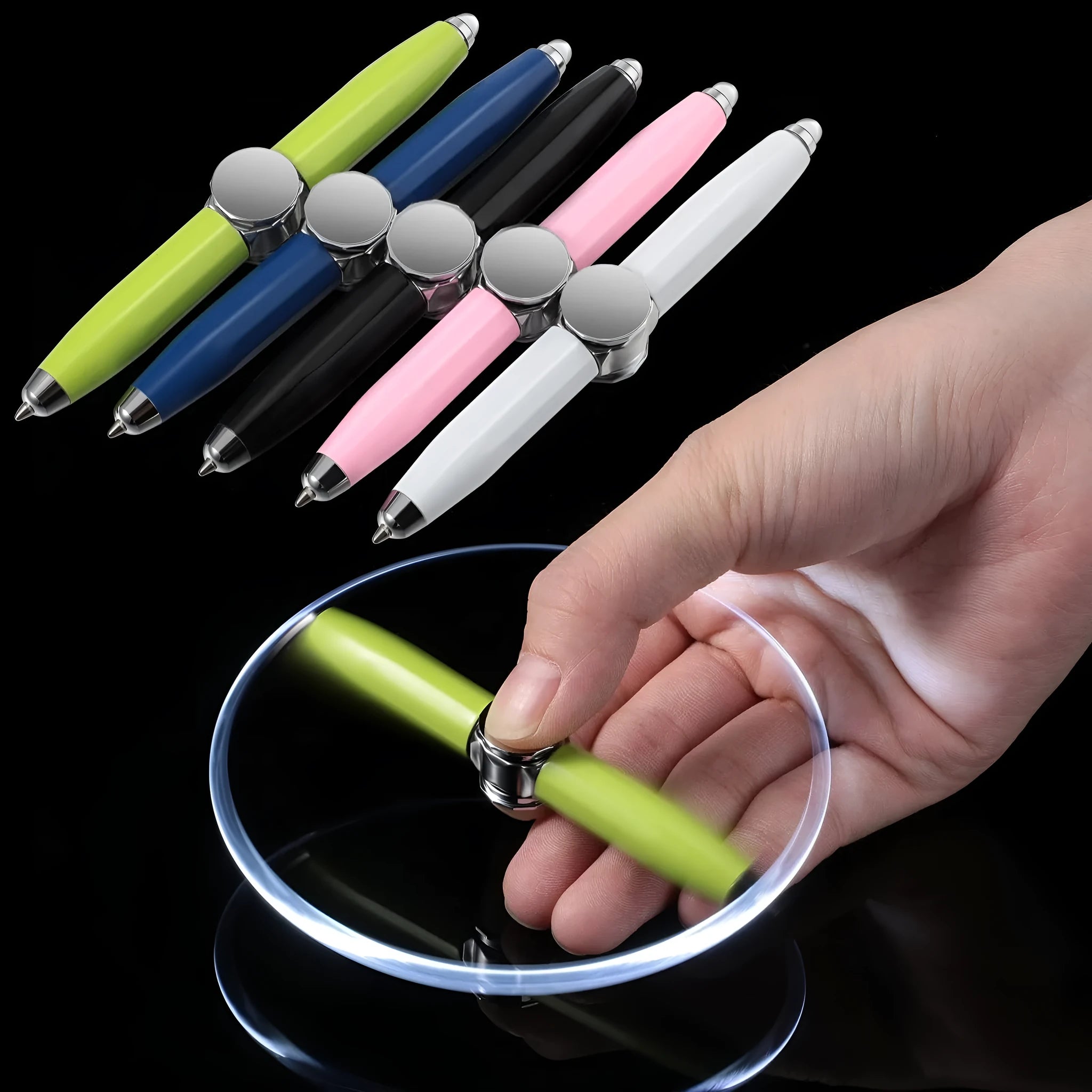 Metal gyro spinner ballpoint pen showing writing tip and spinning mechanism with LED lights