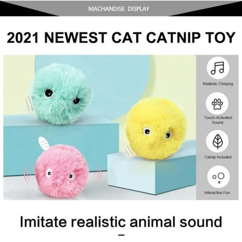 Interactive cat toy ball in blue, pink or yellow with smart sensor triggering animal sounds when touched