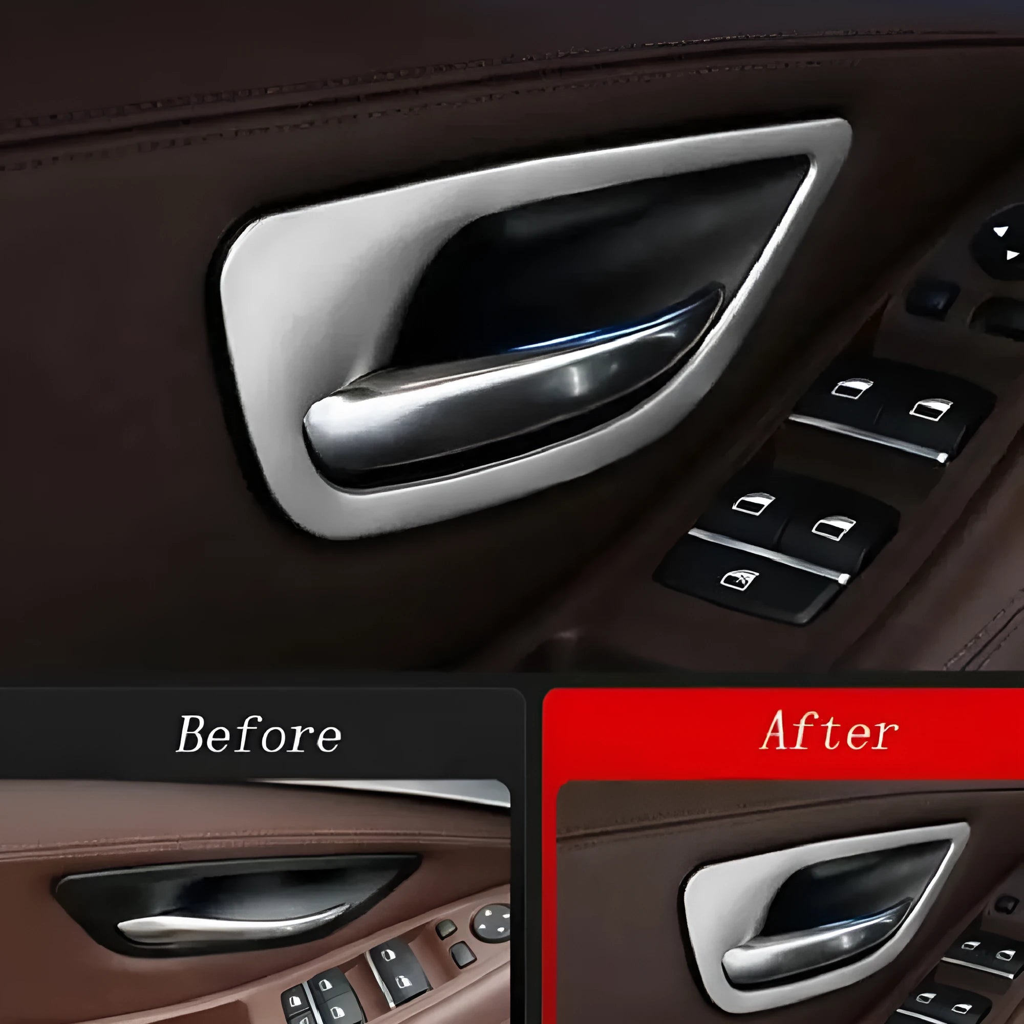 Four silver-finished interior handle decorative frames for BMW 5 Series F10 F11 models on a dark background.