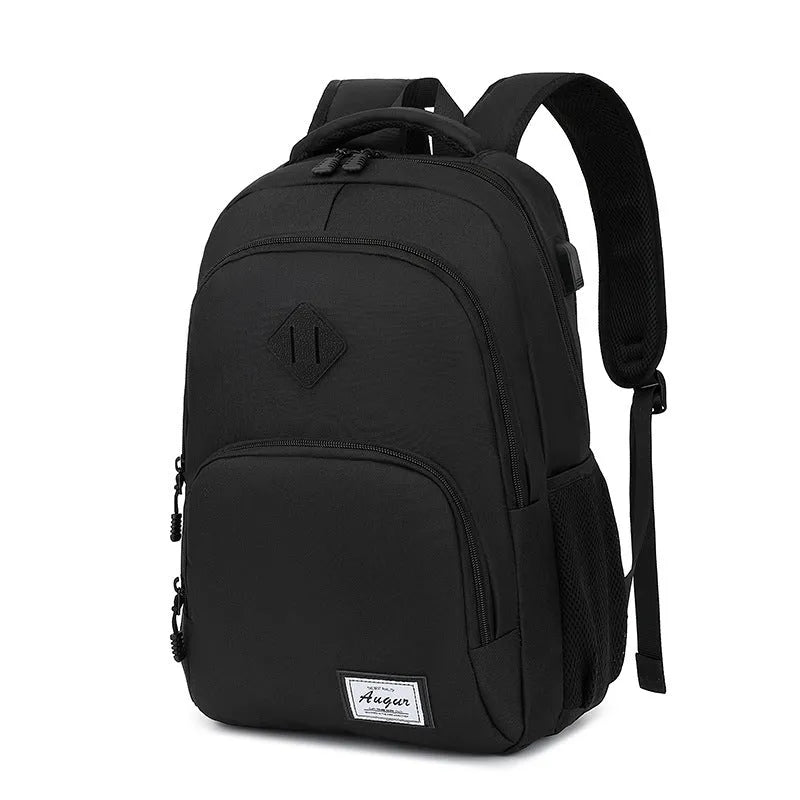 Lightweight grey USB charging backpack with trolley sleeve shown next to a smartphone.
