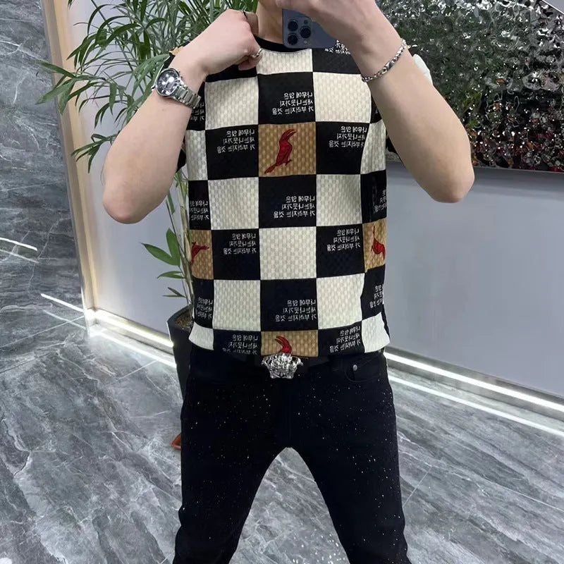 Men's short-sleeved cotton blend undershirt, slim fit letter pattern, black and white plaid or brown, sizes L to 6XL