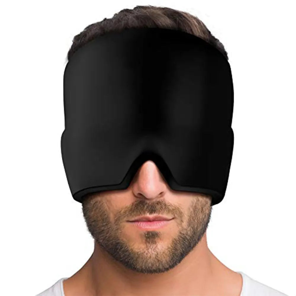 Black elastic ice gel headache relief eye mask shown on a mannequin head, adjustable for 42-66cm circumference.