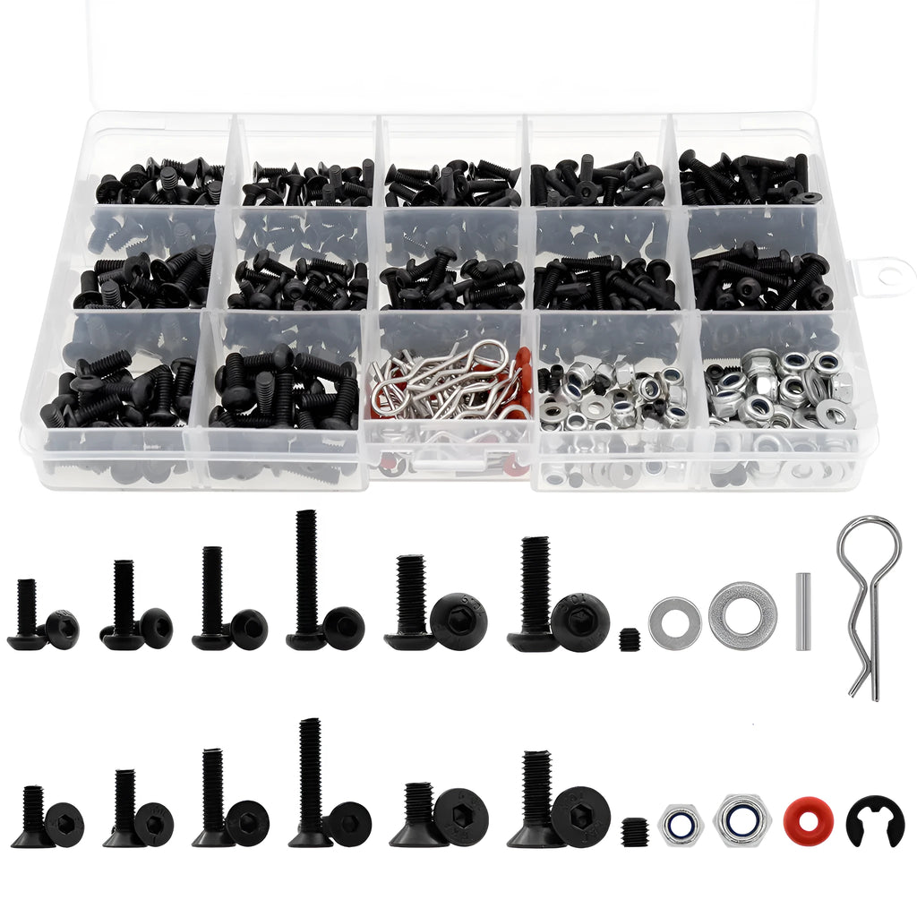 Metal and plastic screw box set with 500 pieces and three small wrenches for 1/10 and 1/8 RC cars