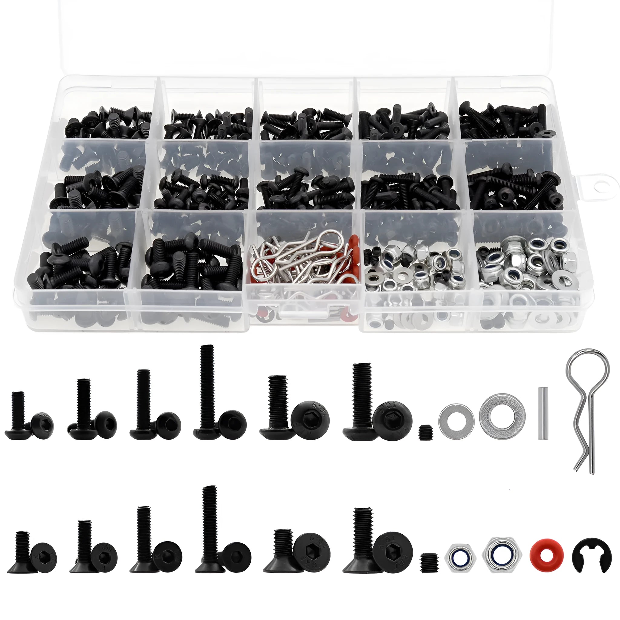 Metal and plastic screw box set with 500 pieces and three small wrenches for 1/10 and 1/8 RC cars