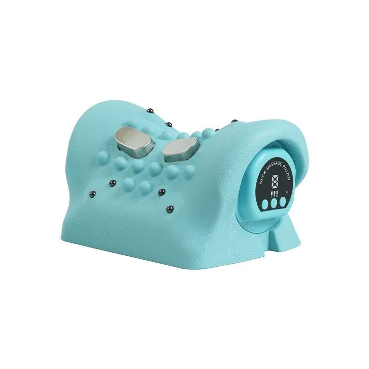 Blue-green cervical massage pillow with EMS pulse and hot compress functions