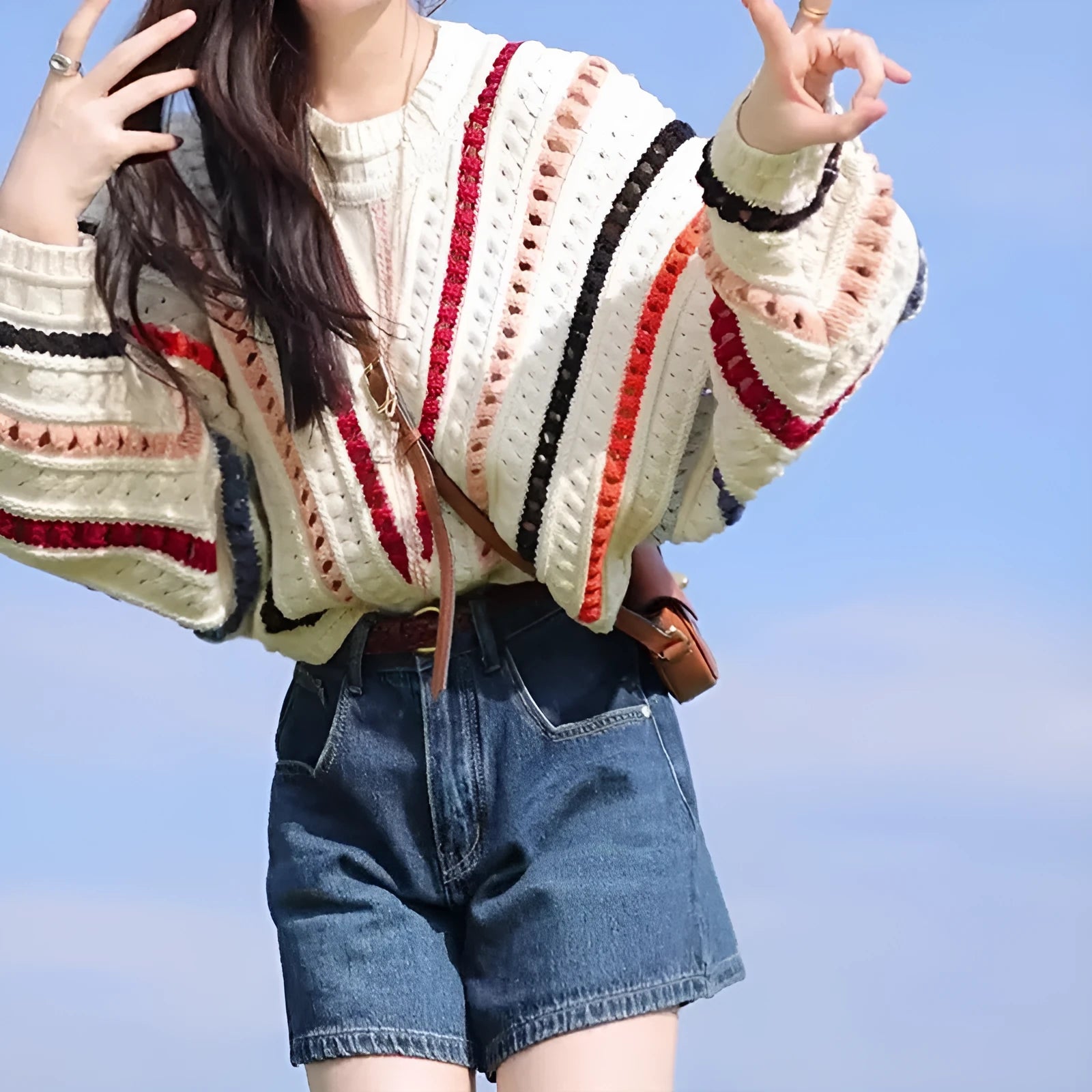 Retro rainbow striped loose fit sweater with batwing sleeves and round neck