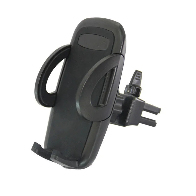 Black car mobile phone holder mounted on air conditioning vent with adjustable clamp for smartphones