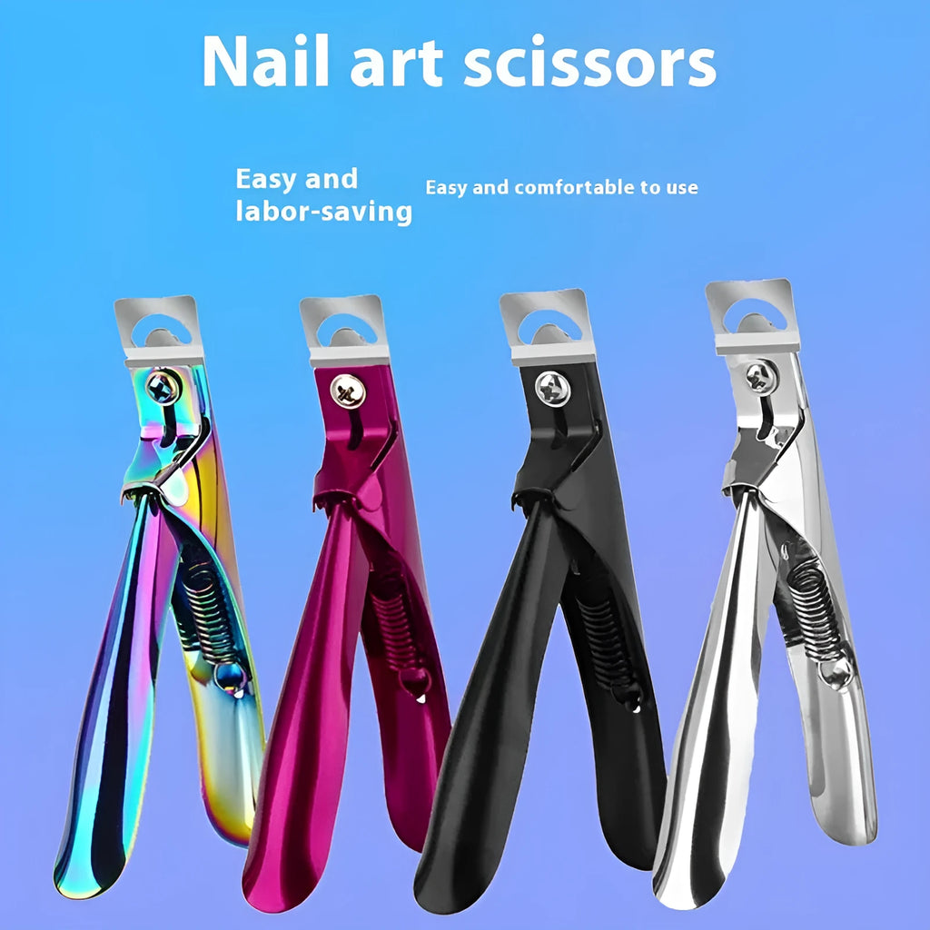 Titanium French U-shaped nail art scissors with stainless steel blades in black, titanium, or silver colour options.