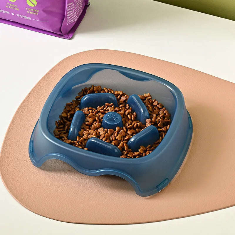 Plastic dog slow feeding bowl with anti-choking design in blue, grey, green, and orange colour options