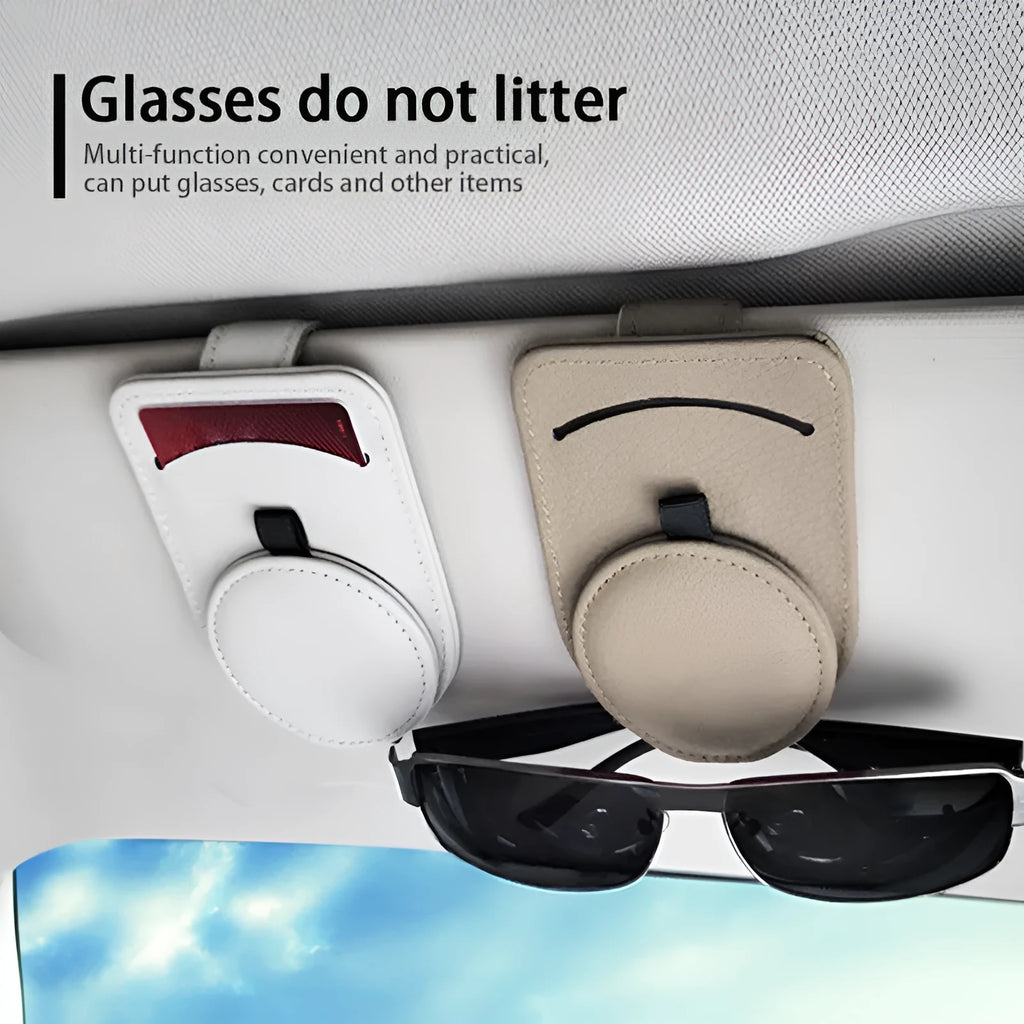 Car glasses holder sun visor clip 11x7cm in synthetic resin and leather for sunglasses and cards