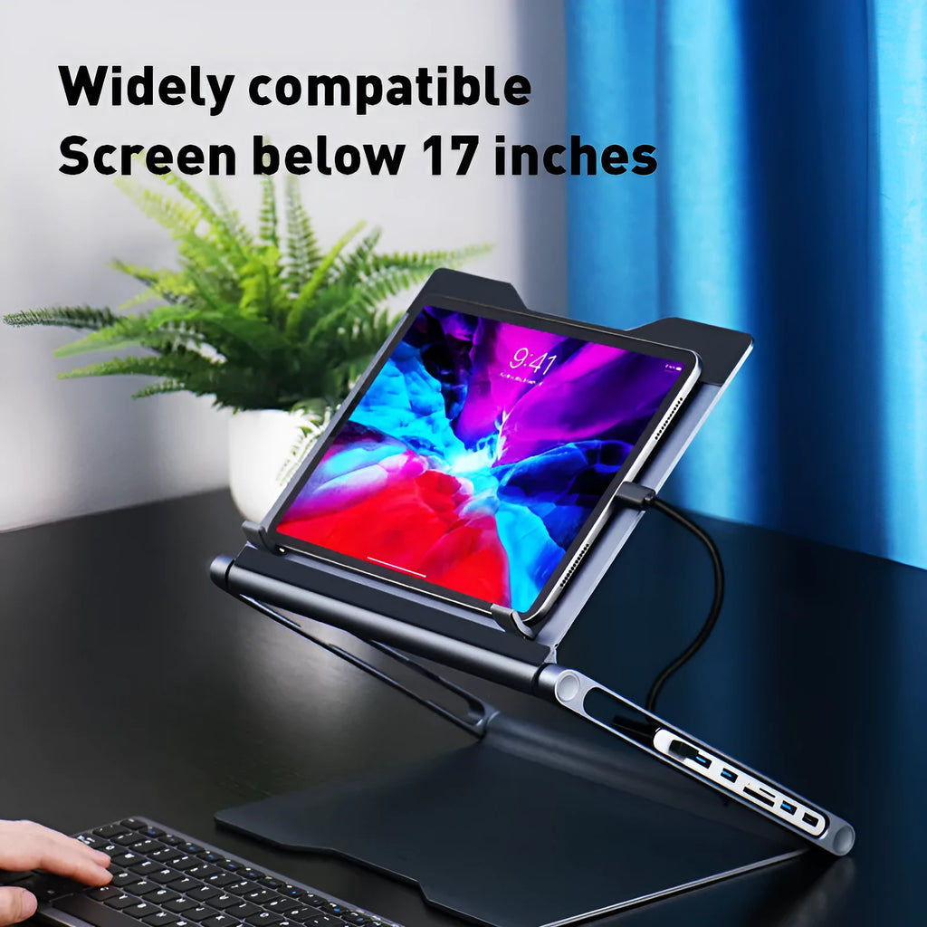 Aluminium alloy laptop stand with 8-in-1 docking station in deep space grey, cave-type design with silicone pads