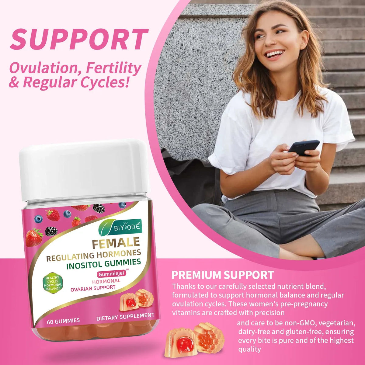 Bottle of 60 female multivitamin inositol gummies for hormonal balance support, original flavour, custom label available