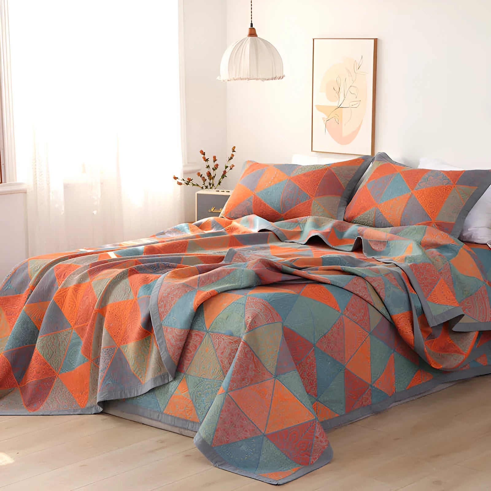 Cotton gauze bed blanket three-piece set with floral pattern in three size options