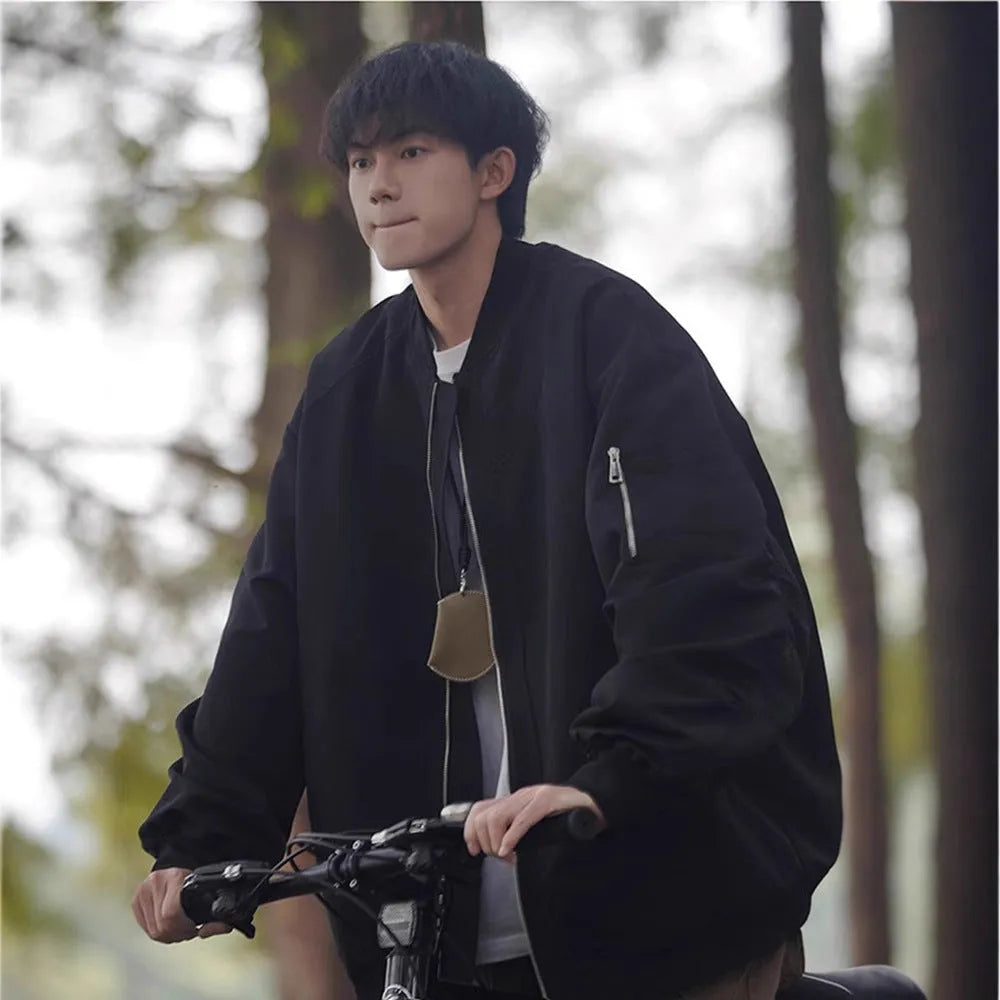 Men's loose pilot jacket in gray, cotton blend polyester, long sleeve, Korean style, spring autumn coat