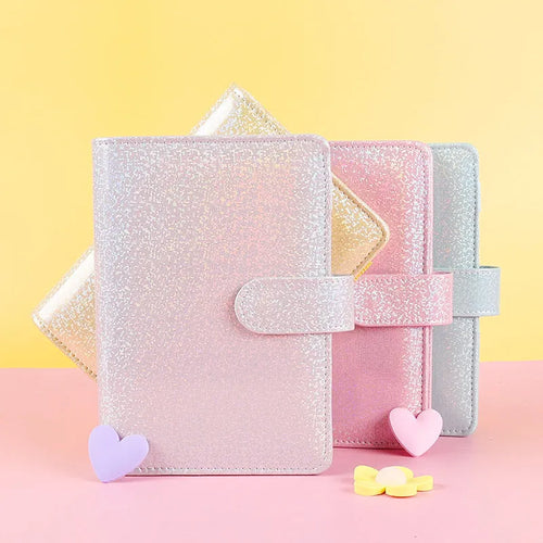 A6 clip notebook journal with imitation leather cover in Macaron style showing zipper bags and inserts