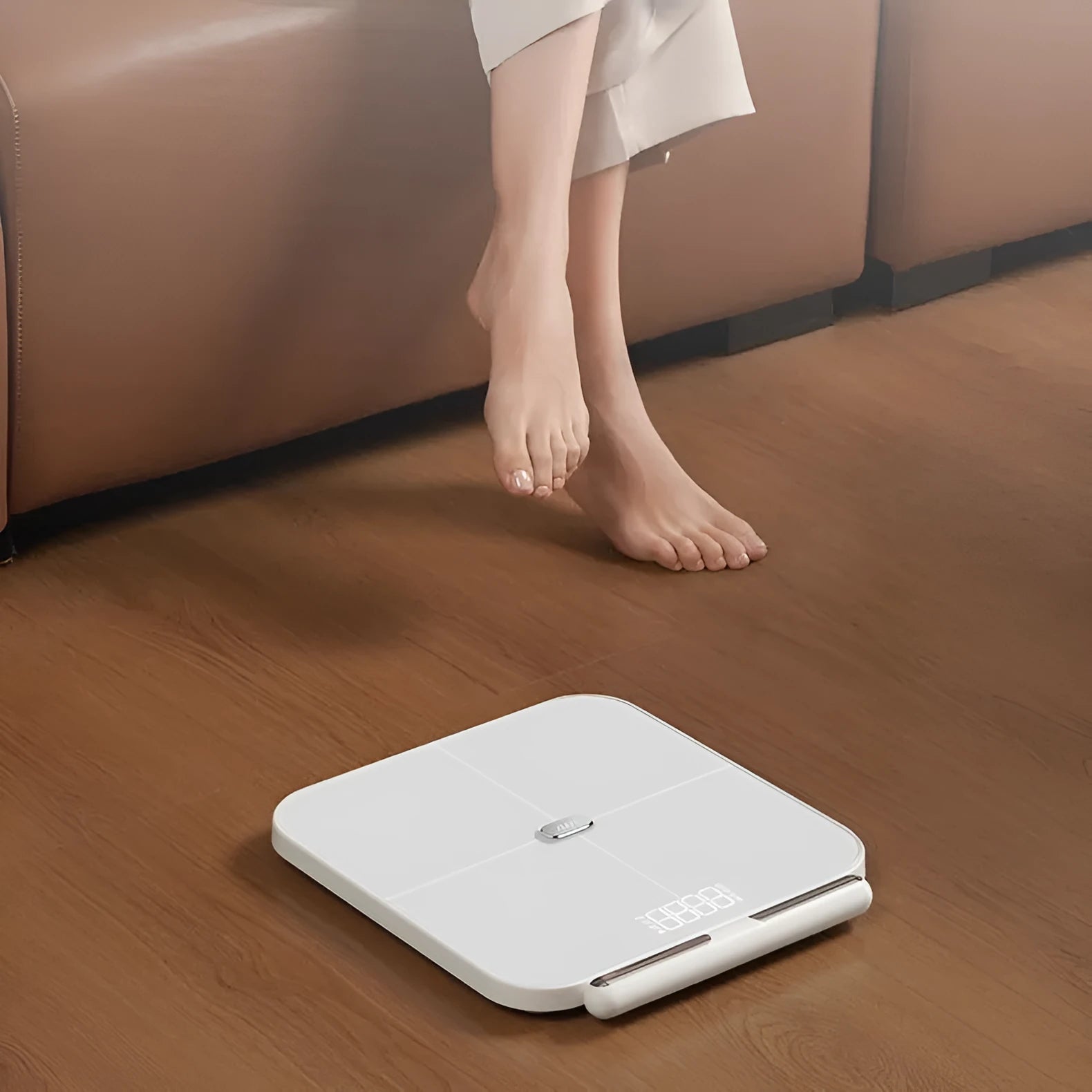 White professional body fat scale with 8 electrodes and a large tempered glass platform.