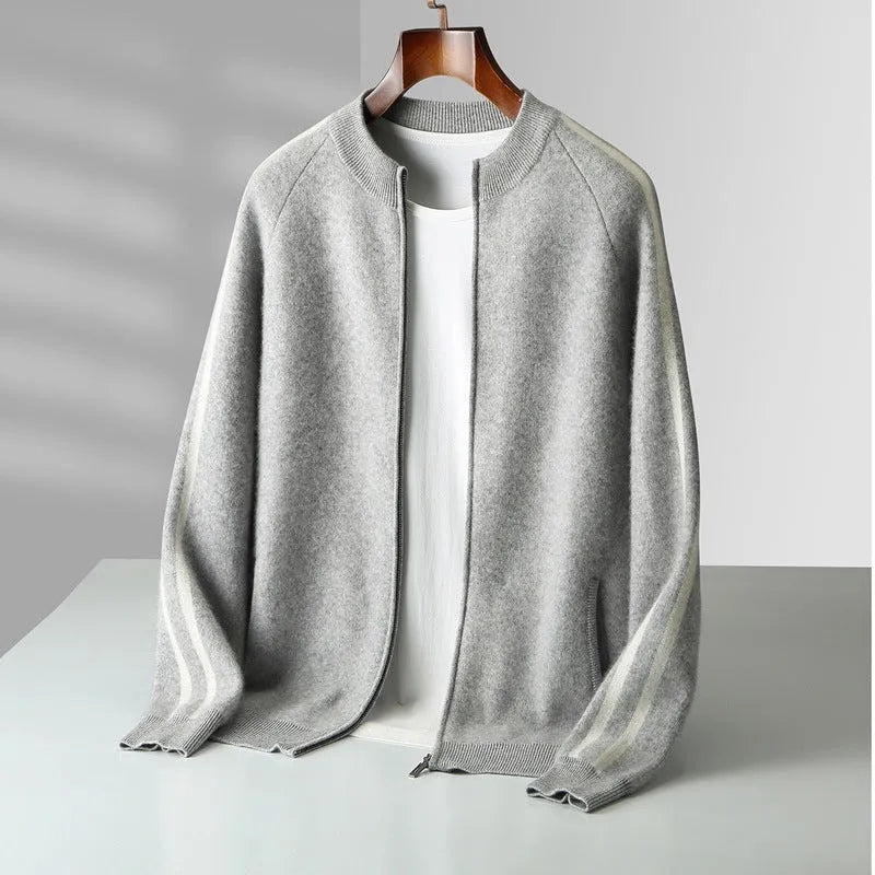 Thickened pure wool half turtleneck cardigan in light gray with button front and long sleeves