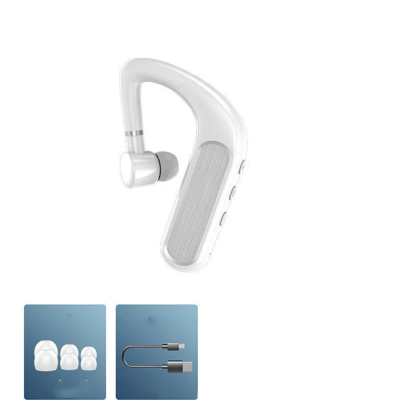 Black hanging-ear Bluetooth earphones with hook design, shown with charging case and spare ear caps.