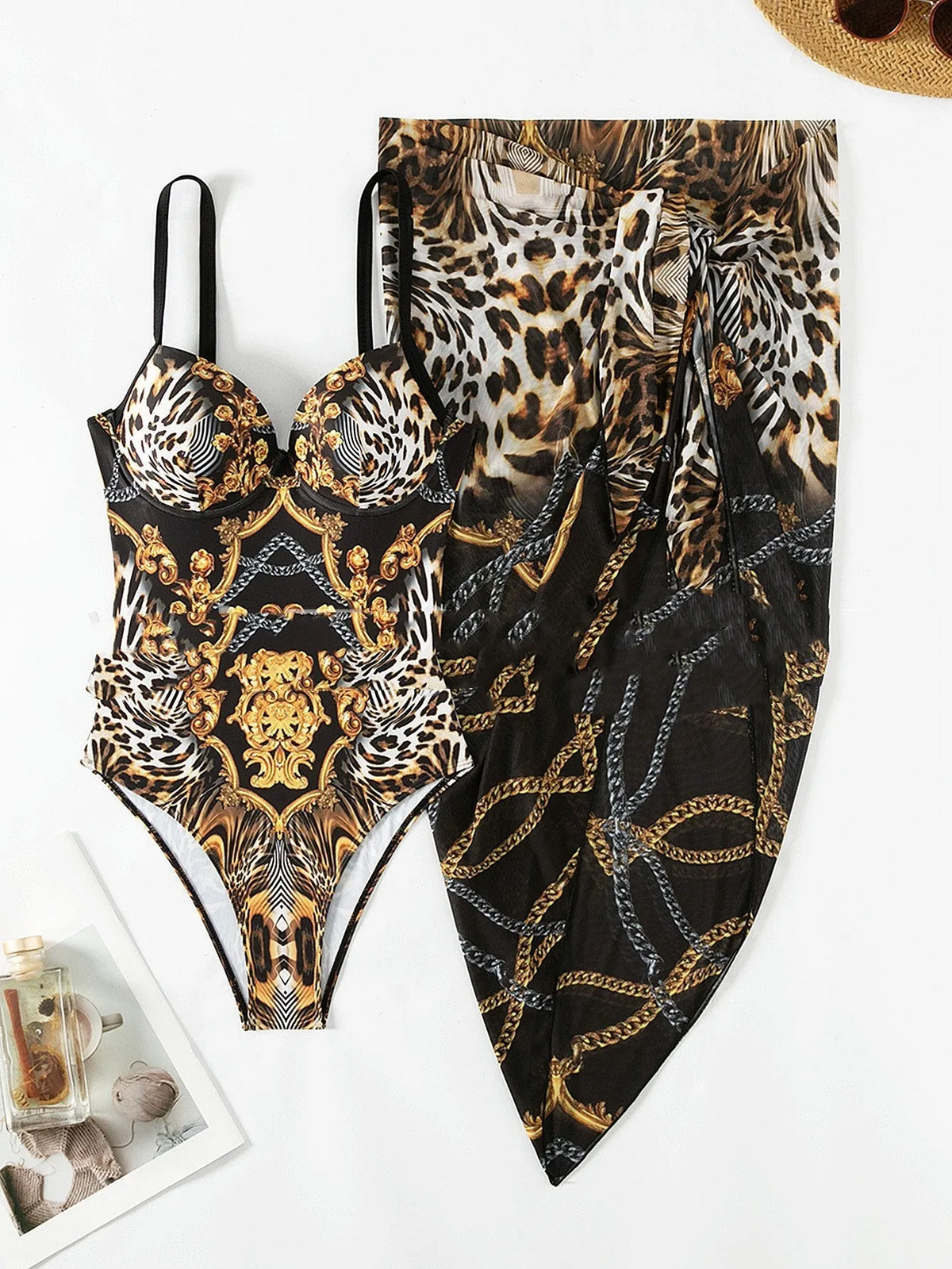 Double shoulder steel bracket split bikini suit in black for women swimming and wading
