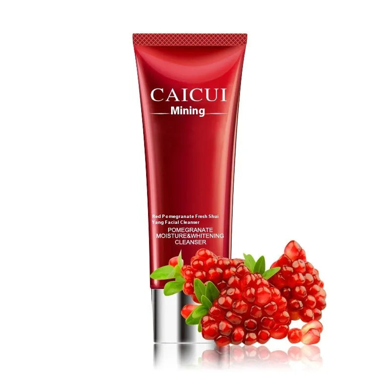 Pomegranate skincare set showing four red bottles: face wash, toner, lotion, and facial cream
