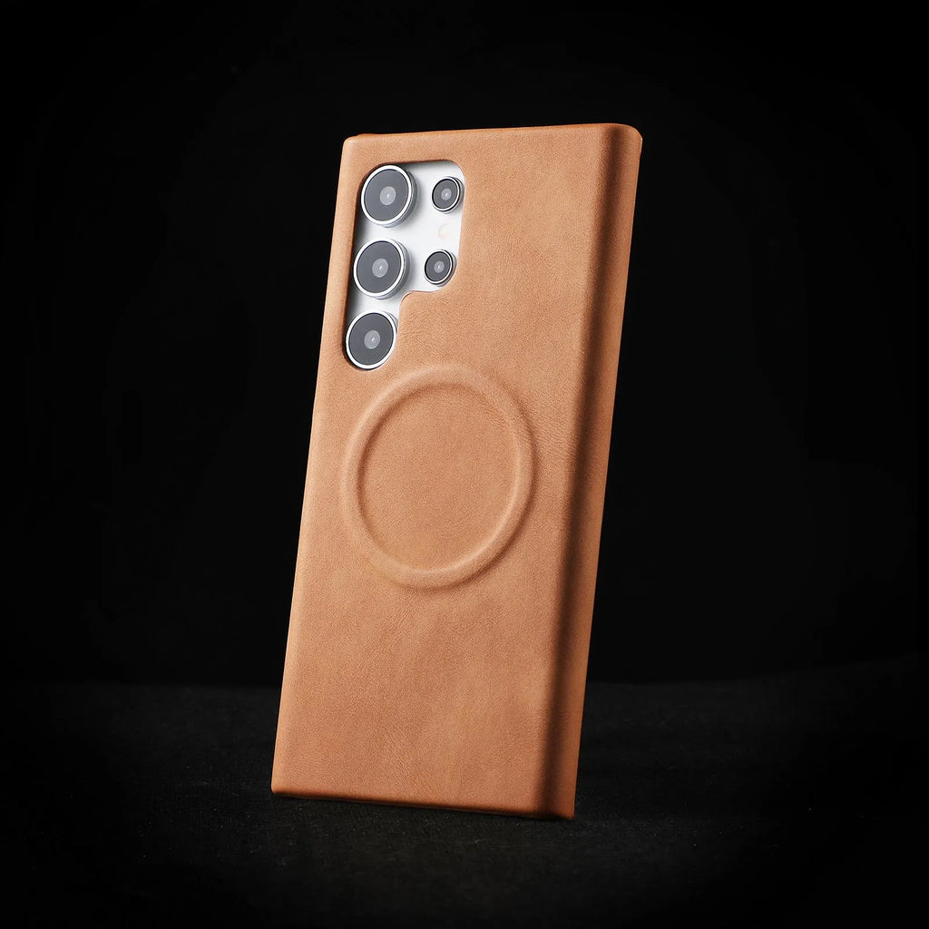 Frosted PU leather phone case for Samsung Galaxy S25 Ultra and S25 in black, brown, chocolate, gray, or white.