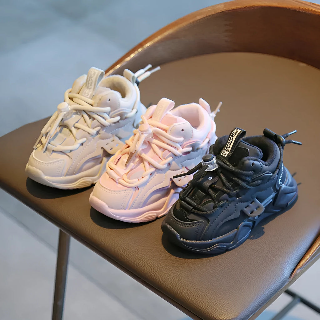Children's double mesh sneakers in black, pink, or khaki with Velcro straps and rubber sole, sizes 23-37.