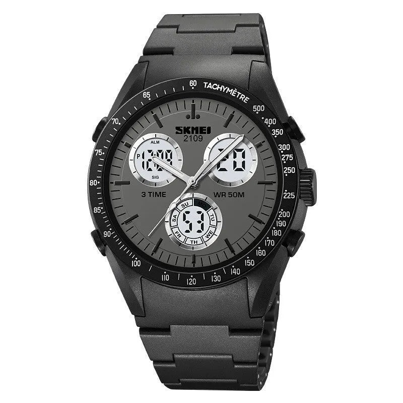 Men's and women's electronic casual watch with a black TPU strap and camouflage-pattern dial on a wrist.
