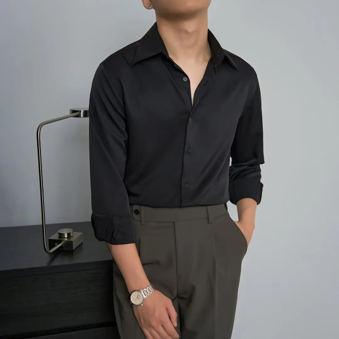Men's black loose fit long sleeve cardigan shirt in Korean Japanese retro style on a hanger.