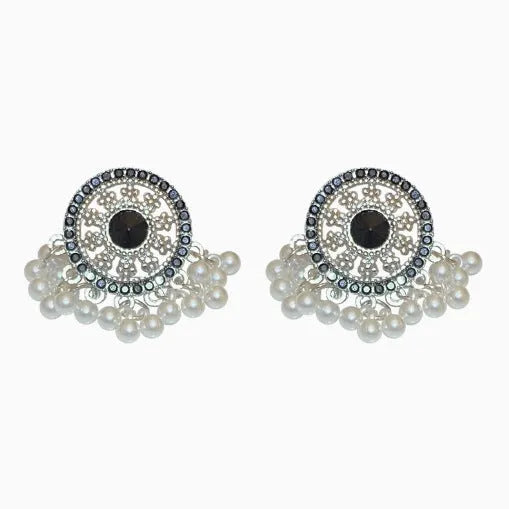 Miao maiden pearl earrings in alloy with electroplated finish, geometric round ethnic style for women, one pair