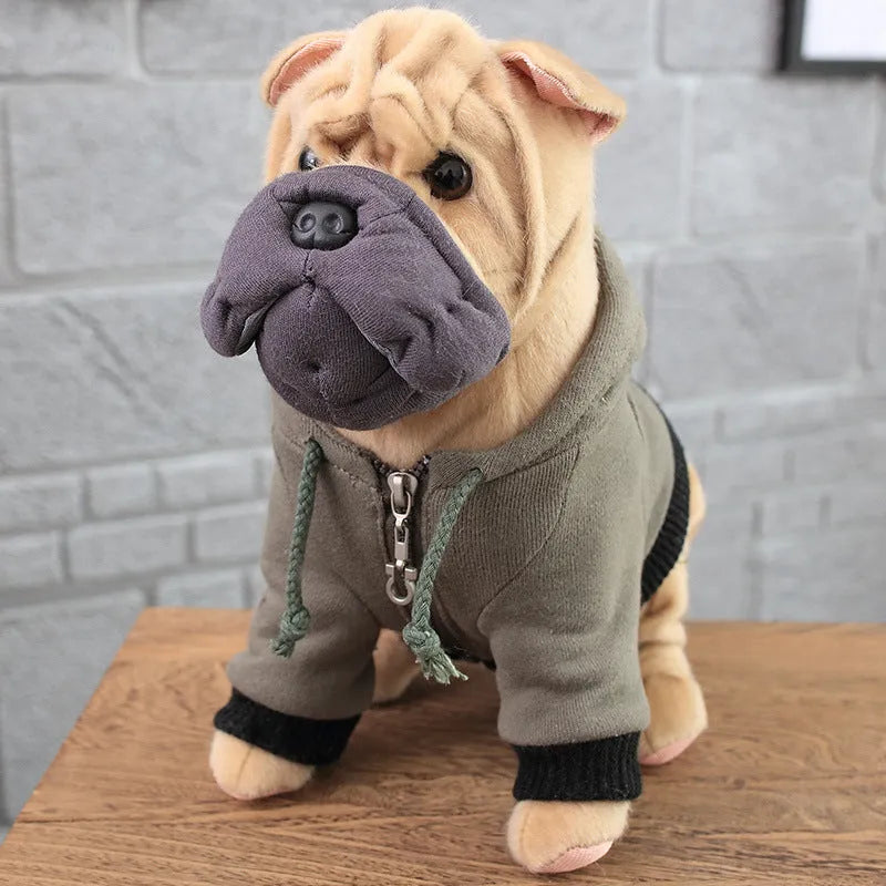 Dressing artificial dog plush toy in mink fur, bulldog style, large size 55-60cm, displayed on a surface