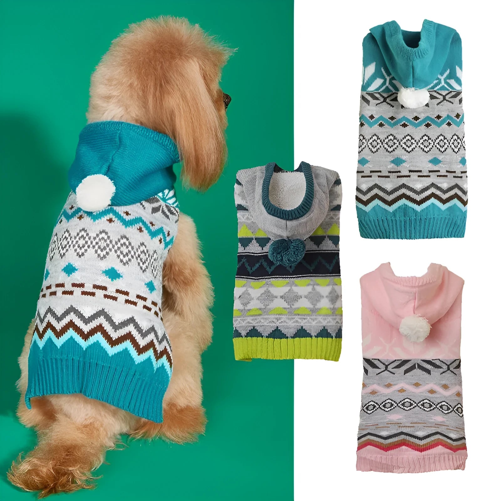 Blue diamond pattern acrylic pet sweater on a dog, showing classic knit design.