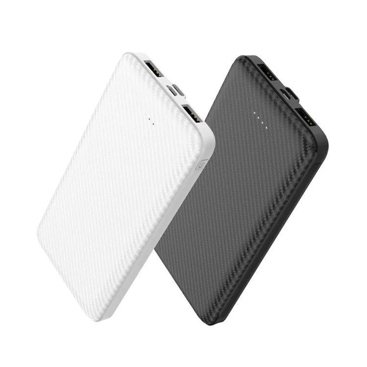 Black portable power bank with multi-port USB output, slim 139x70x15mm size, 10000mAh capacity