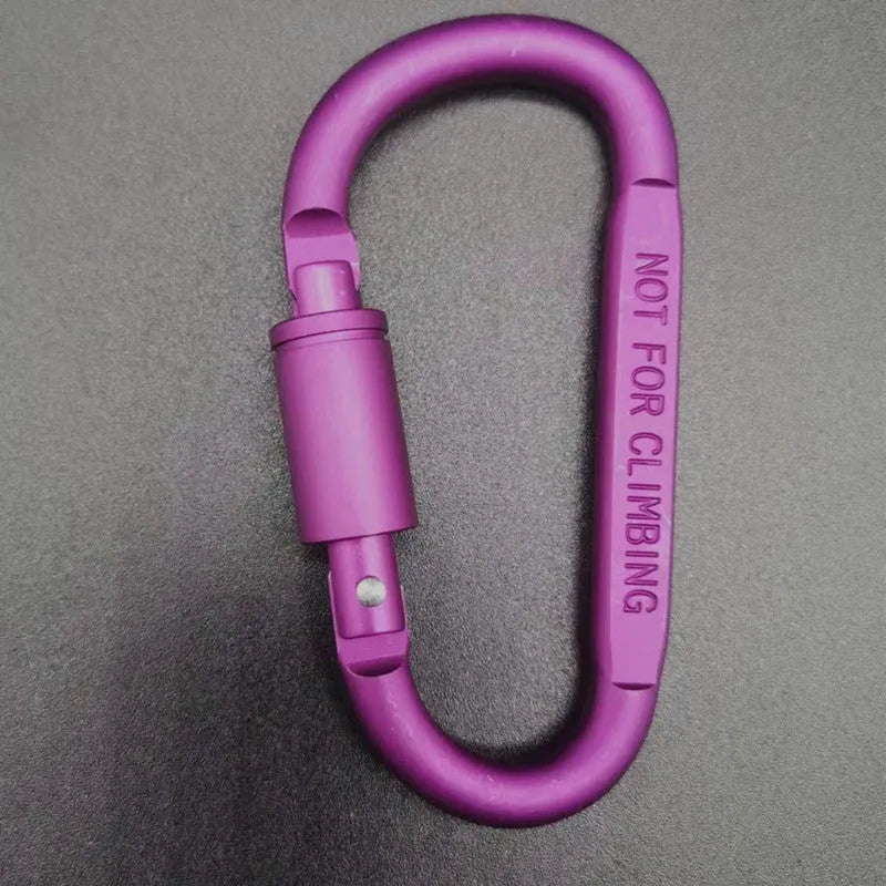 Aluminium D-type carabiner with lock in multiple colour options showing 8cm flat design