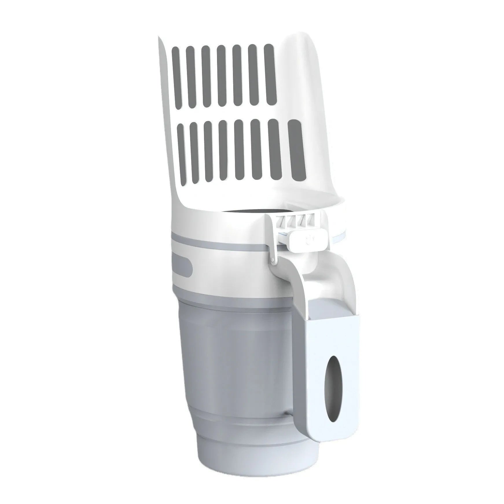 Grey foldable cat litter scoop and waste bin system with a non-slip handle and secure lid.