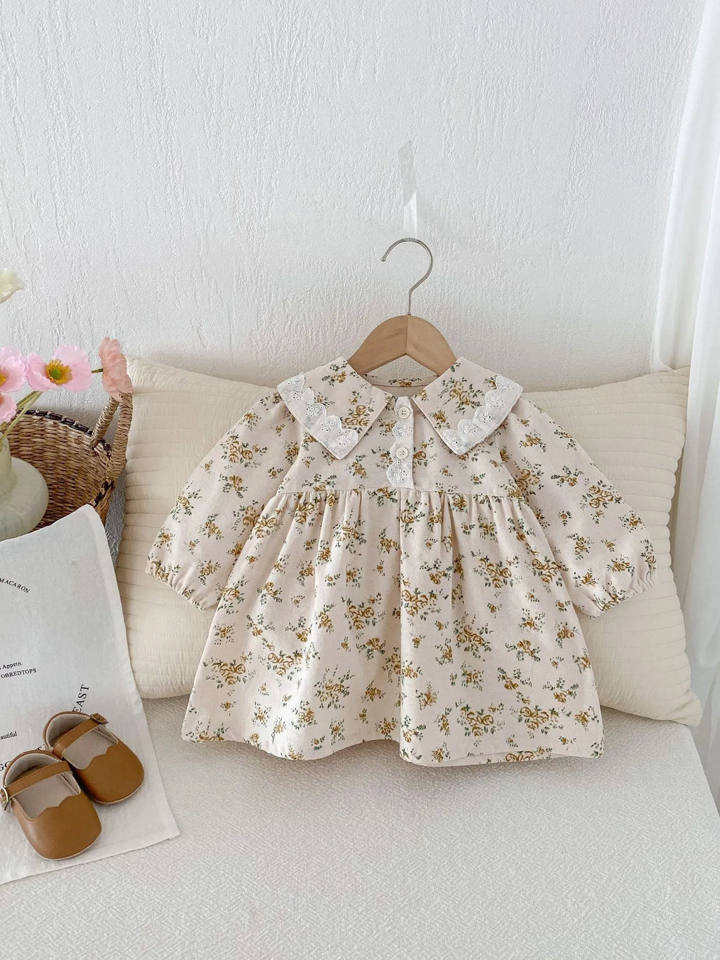 Girls floral princess dress with colourful floral skirt pattern, cotton fabric, available in sizes 73cm to 110cm
